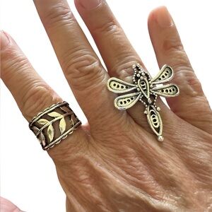 2 Piece Silver Ring Set (Dragonfly and Leaves)